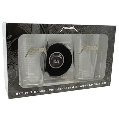 Metallica Set of 2 Badged Pint Glasses & Vinyl Record Silicone Coasters Gift Set Metallica set of two badged pint glasses with black silicone LP record coasters in gift box