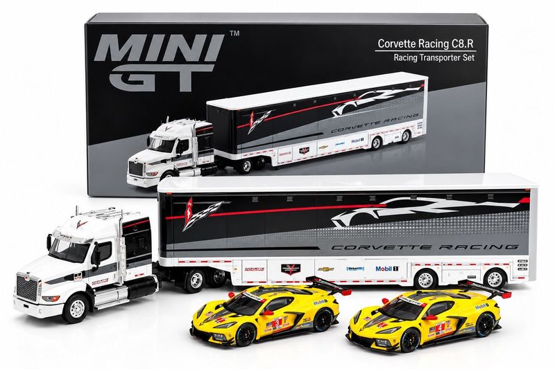 Mini GT Corvette Racing C8.R Racing Transporter Set