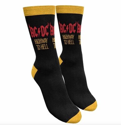AC/DC 'Highway to Hell' Socks Black AC/DC Highway to Hell socks with red AC/DC logo, gold lettering, cuffs, heels and toes.