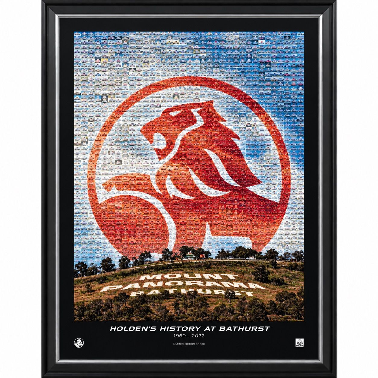 Holden’s History at Bathurst 1960–2022 Framed Motorsport Legends Wall Art Holden’s History at Bathurst 1960–2022 framed wall art featuring Holden Lion mosaic and Mount Panorama Bathurst