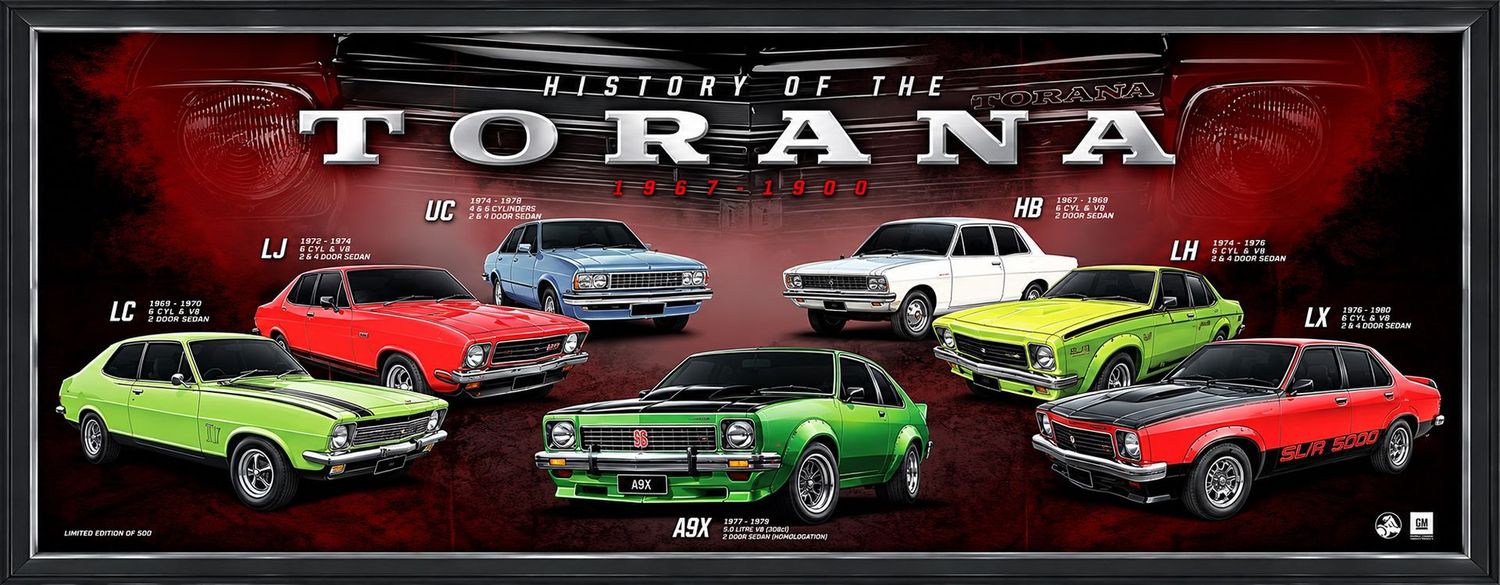Holden Torana History 1967–1980 framed print featuring HB LC LJ UC LH LX and A9X classic Australian cars