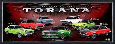 Holden Torana History 1967–1980 Framed Print – LC LJ LH LX A9X Australian Muscle Car Wall Art Holden Torana History 1967–1980 framed print featuring HB LC LJ UC LH LX and A9X classic Australian cars