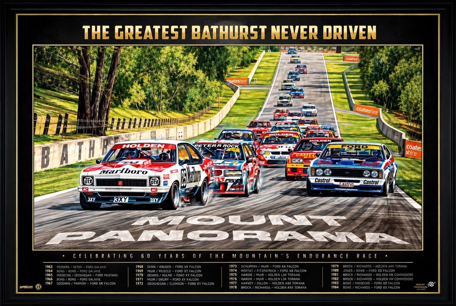 The Greatest Bathurst Never Driven Framed Print – Mount Panorama Motorsport Legends Wall Art The Greatest Bathurst Never Driven framed motorsport print featuring classic Holden and Ford touring cars racing at Mount Pan