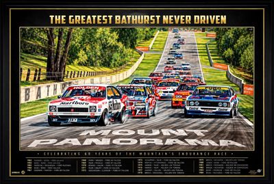 The Greatest Bathurst Never Driven Framed Print – Mount Panorama Motorsport Legends Wall Art The Greatest Bathurst Never Driven framed motorsport print featuring classic Holden and Ford touring cars racing at Mount Pan
