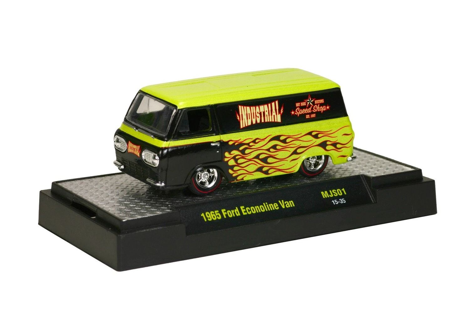 M2 Machines 1965 Ford Econoline Van Industrial Speed Shop lime green and black diecast model with flame graphics and display