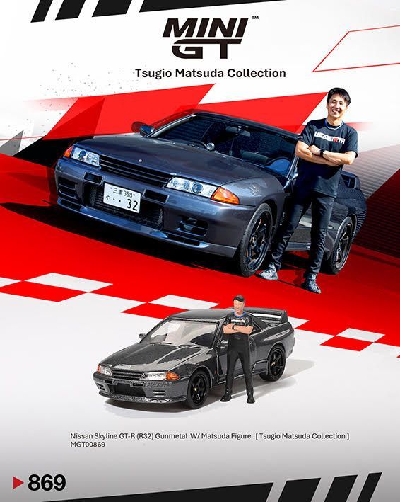 Mini GT Nissan Skyline GT-R (R32) Nismo Gunmetal - w/Matsuda Figure - Tsugio Matsuda Collection