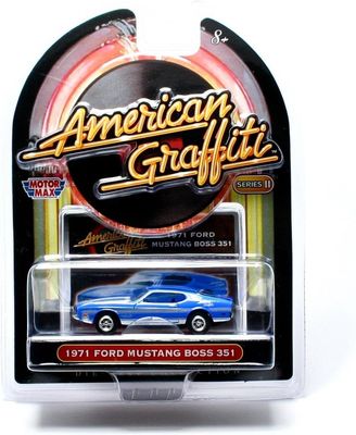 Motor Max American Graffiti 1971 Ford Mustang Boss 351 blue diecast model in packaging