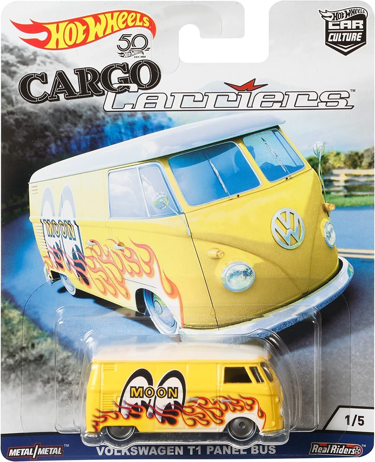 Hot Wheels Car Culture Cargo Carriers Volkswagen T1 Panel Bus Mooneyes 1:64 Hot Wheels Car Culture Cargo Carriers Volkswagen T1 Panel Bus Mooneyes yellow 1:64 diecast with flame graphics and Real Rider