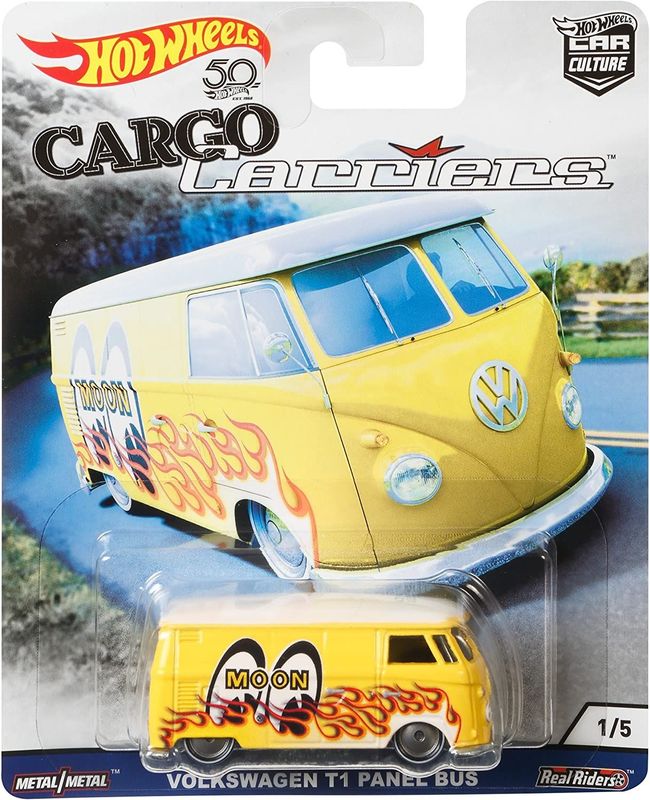 Hot Wheels Car Culture Cargo Carriers Volkswagen T1 Panel Bus Mooneyes yellow 1:64 diecast with flame graphics and Real Rider