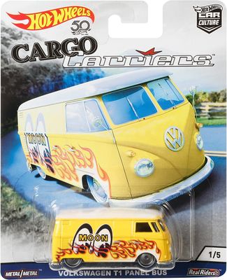 Hot Wheels Car Culture Cargo Carriers Volkswagen T1 Panel Bus Mooneyes 1:64 Hot Wheels Car Culture Cargo Carriers Volkswagen T1 Panel Bus Mooneyes yellow 1:64 diecast with flame graphics and Real Rider
