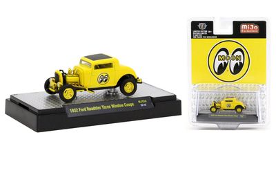 M2 Machines 1932 Ford Three Window Coupe Mooneyes MiJo Exclusive yellow 1:64 diecast hot rod with display base