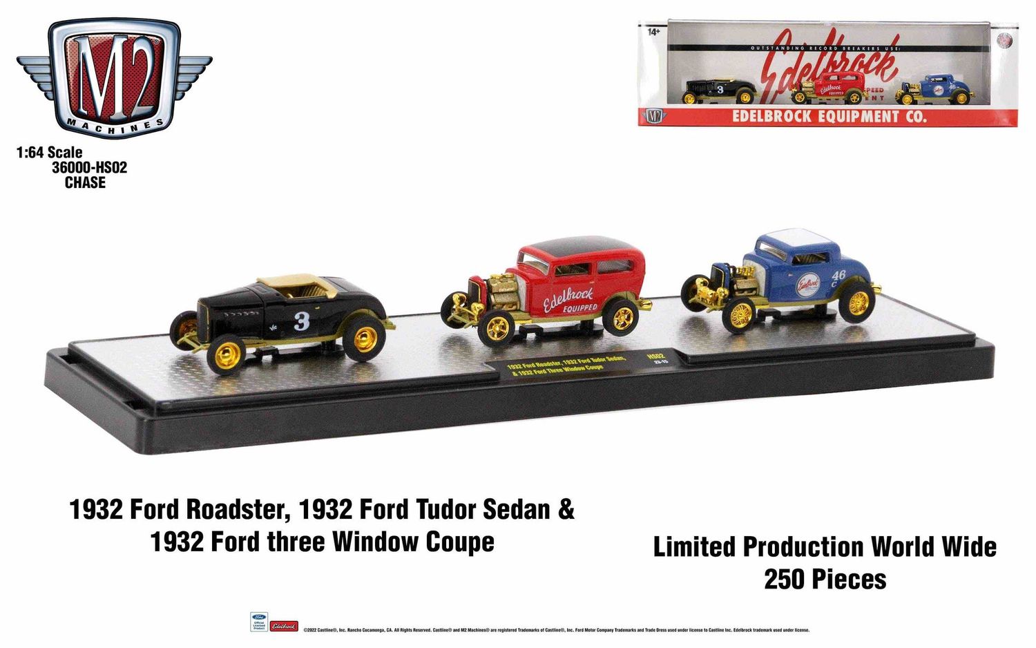 M2 Machines Auto-Haulers HS02 1932 Ford Edelbrock Set CHASE M2 Machines Edelbrock 1932 Ford Roadster Tudor Sedan and Three Window Coupe 1:64 Chase 3-car set limited to 250 pieces worldw