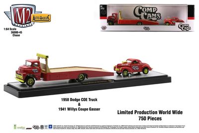 M2 Machines Auto-Haulers R45 1958 Dodge COE & 1941 Willys Coupe Gasser CHASE M2 Machines Comp Cams 1958 Dodge COE Truck and 1941 Willys Coupe Gasser 1:64 Auto-Haulers Chase set limited to 750 pieces