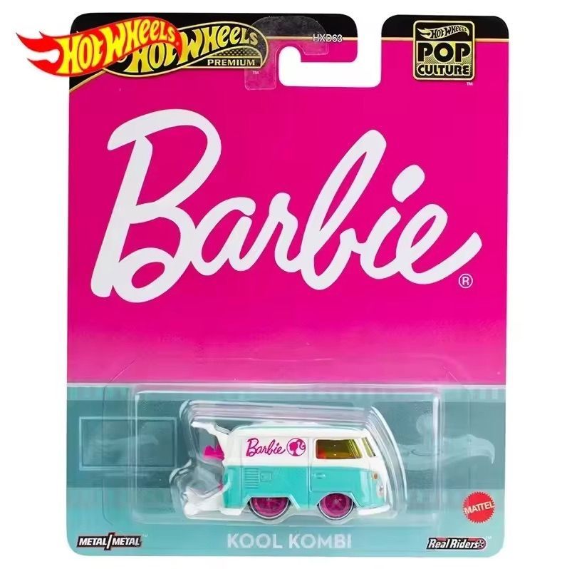 Hot Wheels Premium Pop Culture Barbie Kool Kombi Hot Wheels Premium Barbie Kool Kombi HXD63 Pop Culture diecast with pink aqua and white livery and Real Riders tyres