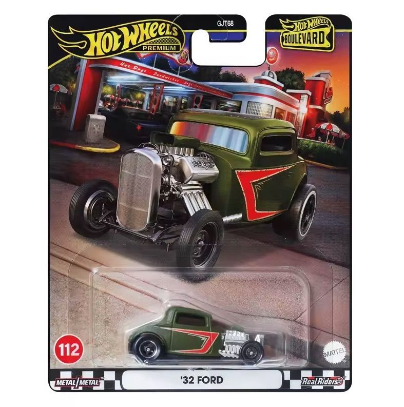 Hot Wheels Premium Boulevard ’32 Ford Hot Rod GJT68 – #112 Real Riders Hot Wheels Premium Boulevard 32 Ford Hot Rod #112 GJT68 olive green diecast with exposed engine and Real Riders tyres