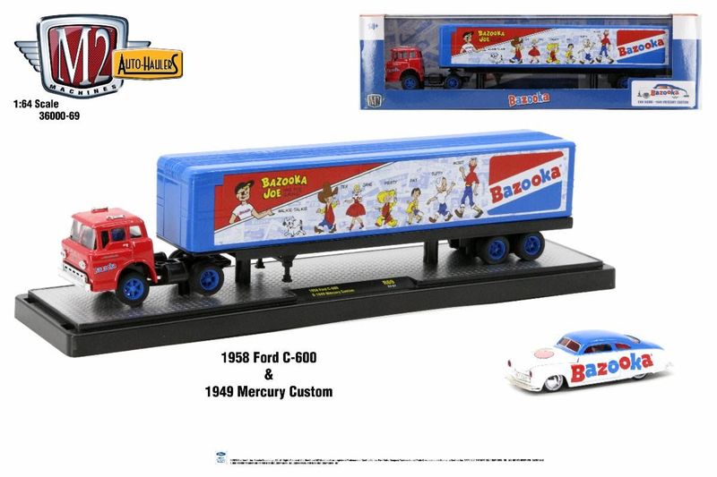M2 Machines Auto-Haulers Bazooka 1958 Ford C-600 transporter and 1949 Mercury Custom 1:64 diecast set 36000-69