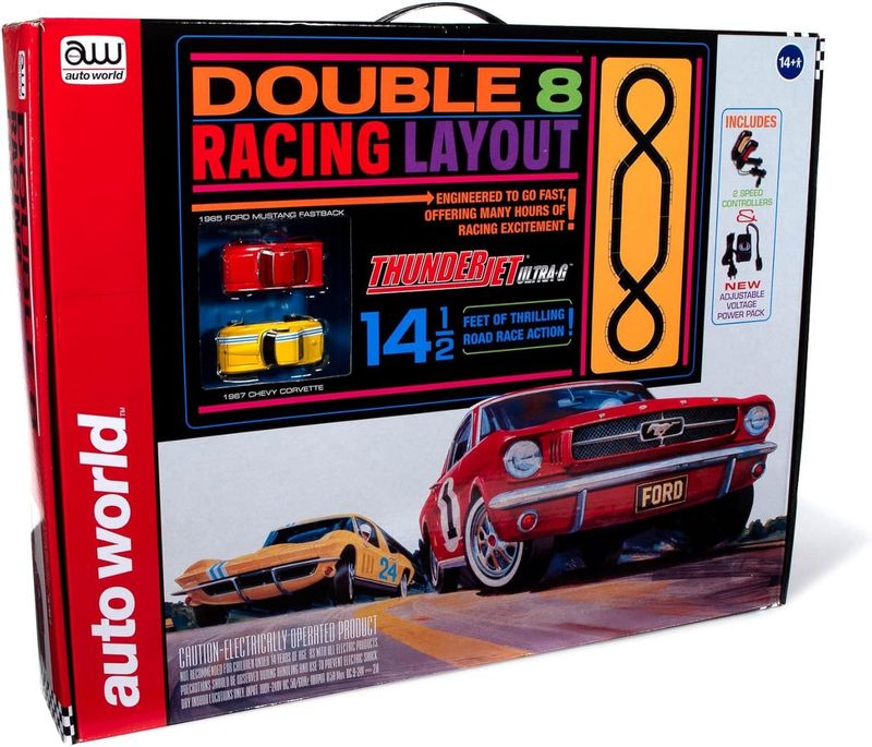 Auto World Double 8 Racing Layout – 14.5ft Electric Slot Car Racing Set – 1965 Ford Mustang & 1967 Chevy Corvette
