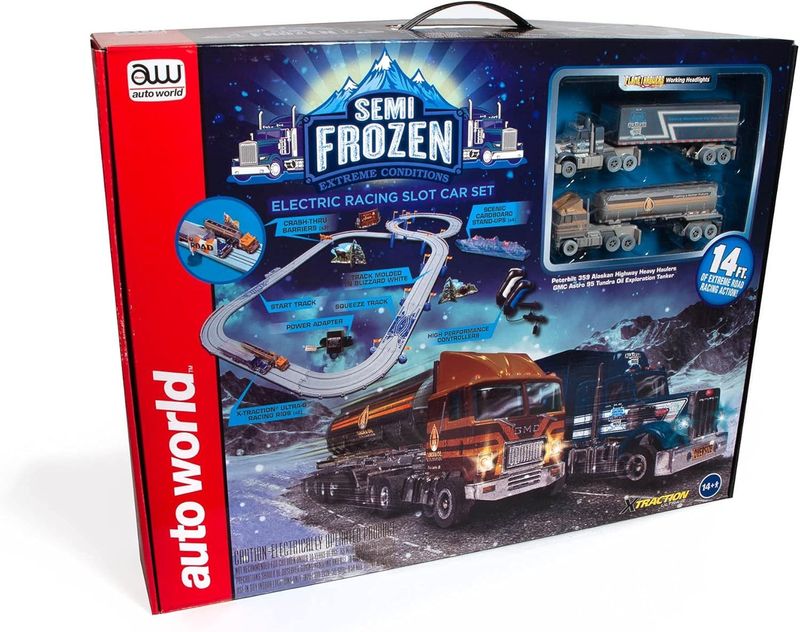 Auto World Semi Frozen Extreme Conditions – 14ft Electric Slot Car Racing Set – Peterbilt & GMC Semi Trucks