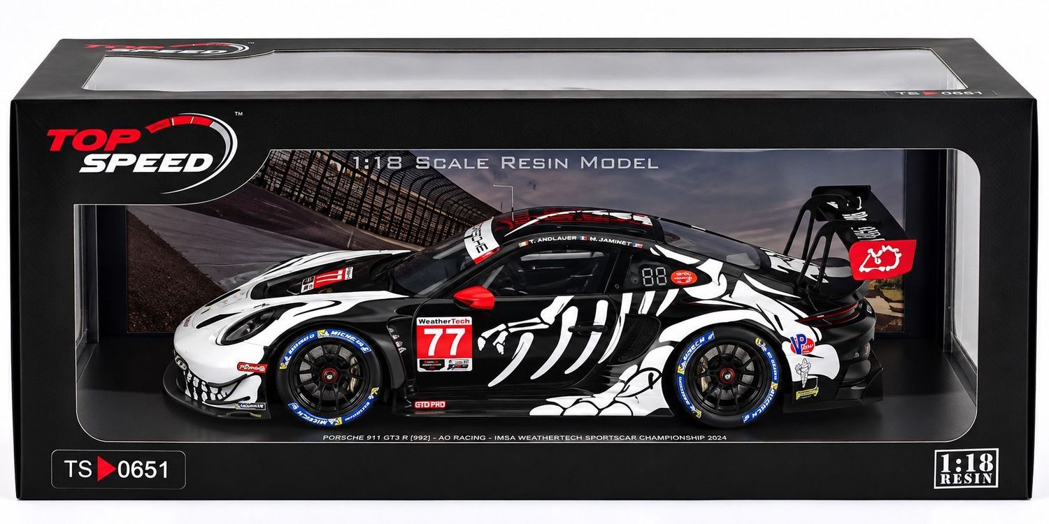 Top Speed 1:18 Porsche 911 GT3 R (992) AO Racing #77 – 2023 IMSA Rexy Skeleton Livery Resin Model Top Speed 1:18 Porsche 911 GT3 R (992) AO Racing #77 – 2023 IMSA Rexy Skeleton Livery Resin Model