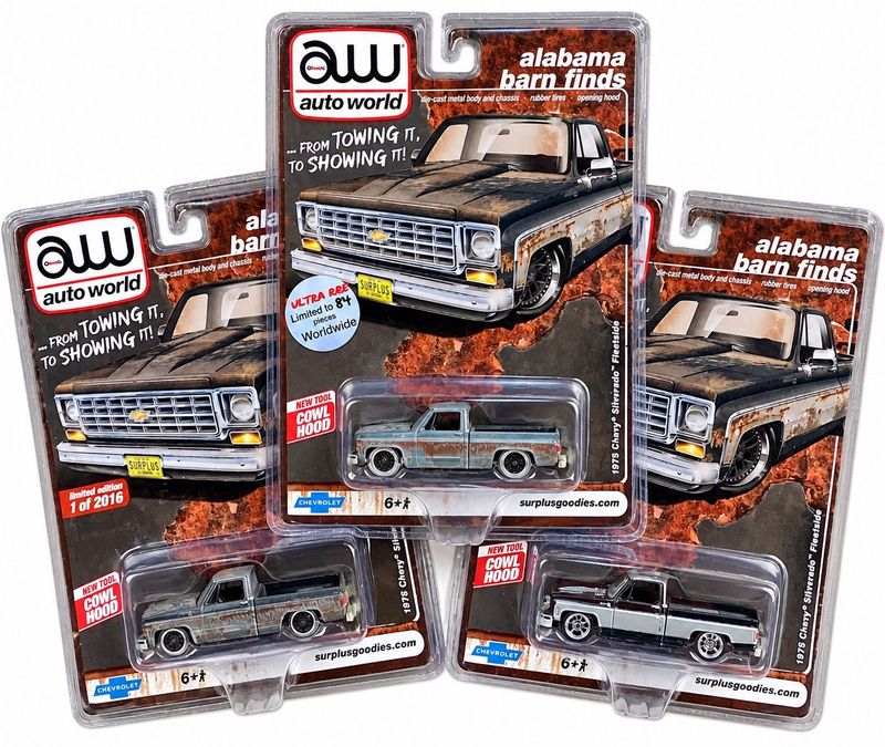 Auto World Alabama Barn Finds 1975 Chevy Silverado Fleetside 3-Car Set Auto World Alabama Barn Finds 1975 Chevy Silverado Fleetside 3-Car Set