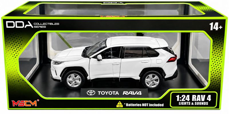 DDA124002 1/24 White Toyota Rav 4 Lights & Sounds DDA Collectibles Toyota RAV4 white 1:24 scale diecast model with lights and sounds in display box