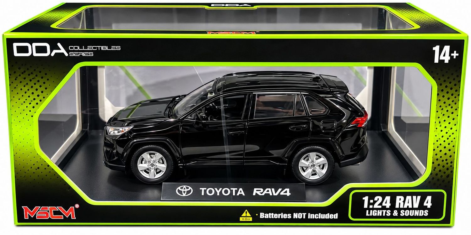 DDA124001 1/24 Black Toyota Rav 4 Lights & Sounds DDA Collectibles Toyota RAV4 black 1:24 scale diecast model with lights and sounds in display box