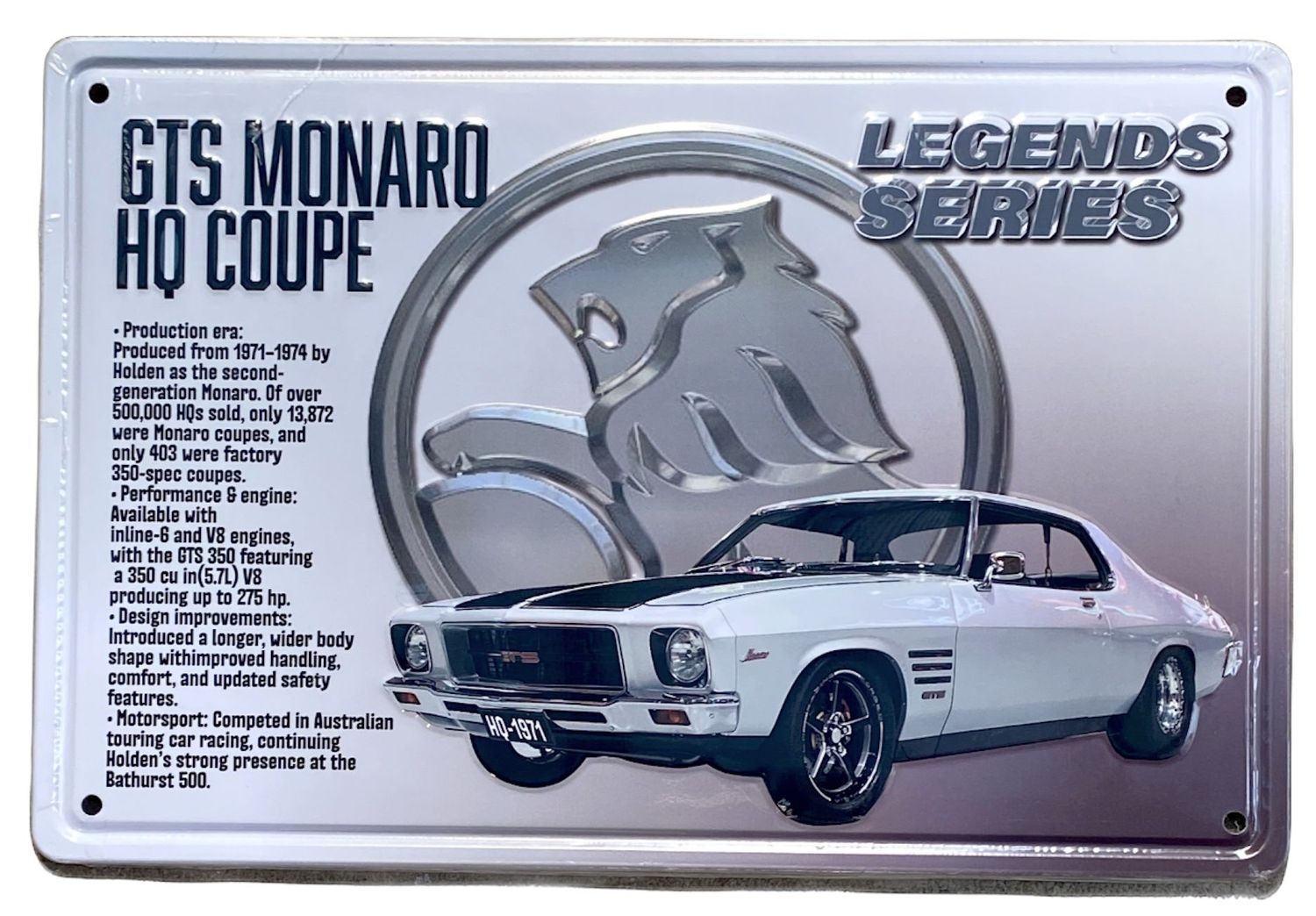 GTS Monaro HQ Coupe Legends Series 30cm x 20cm Tin Sign GTS Monaro HQ Coupe Legends Series 30cm x 20cm Tin Sign
