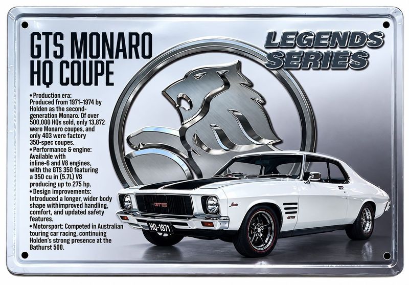 GTS Monaro HQ Coupe Legends Series 30cm x 20cm Tin Sign White