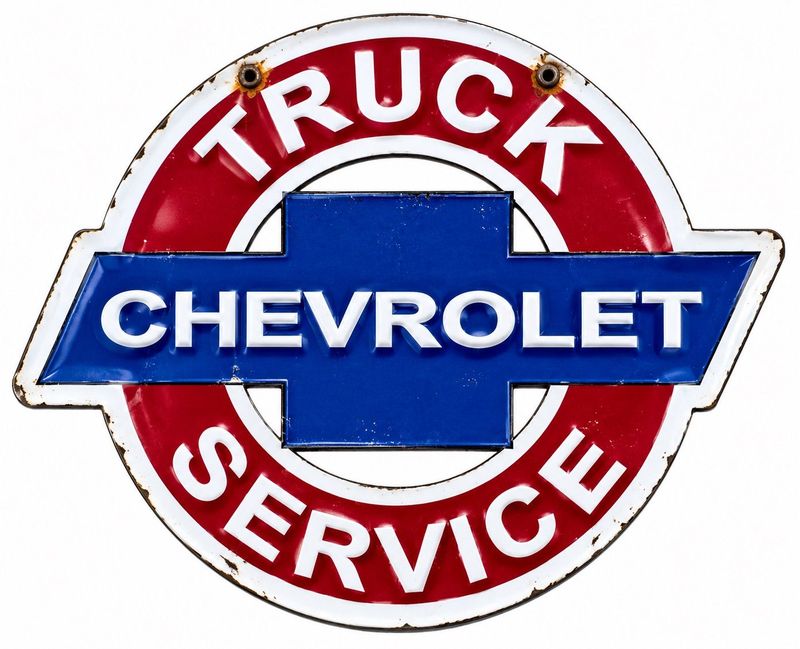 Vintage Chevrolet Truck Service sign with red circular design and blue Chevrolet bowtie logo.
