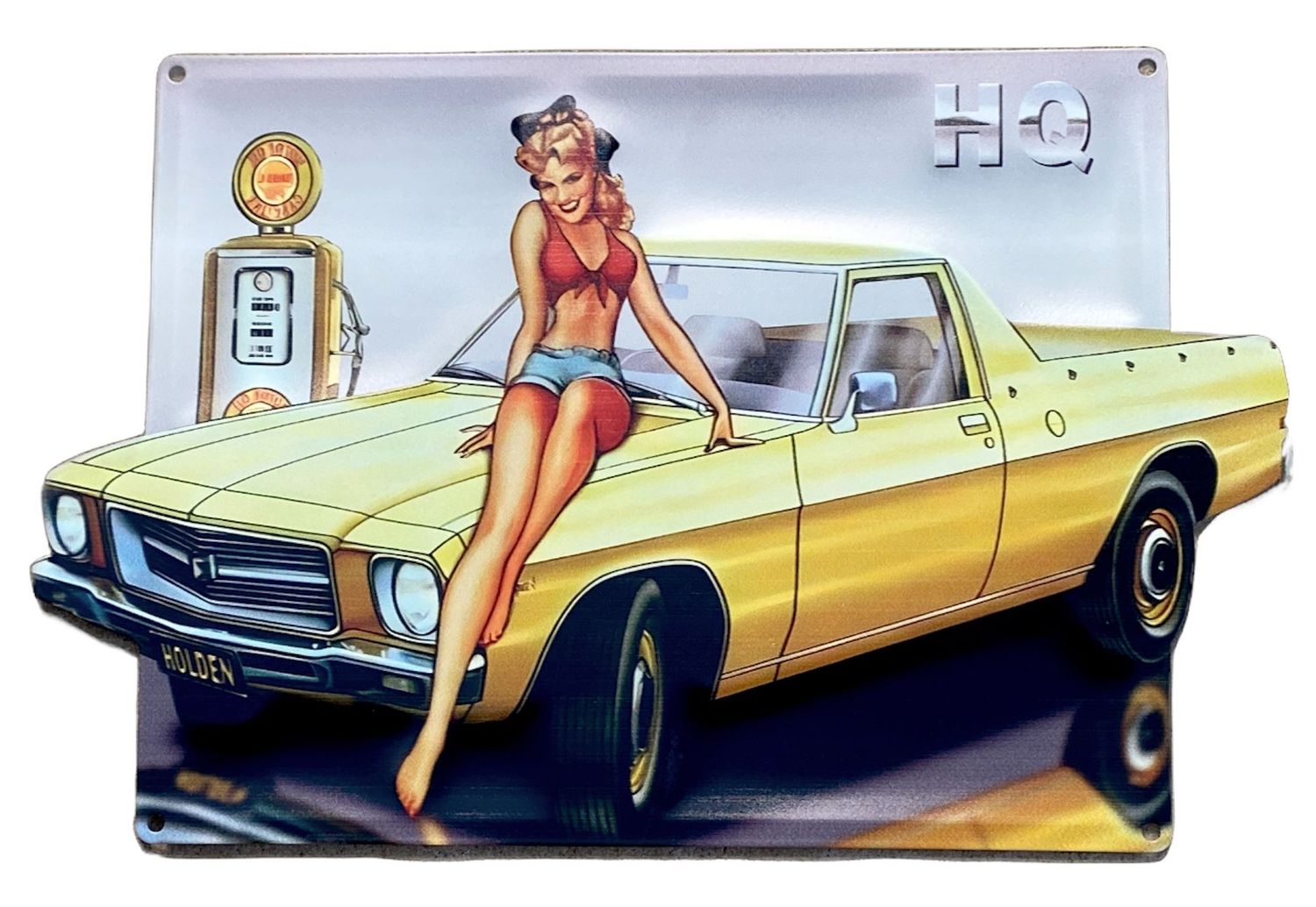 Holden HQ Ute with Pinup Girl Tin Sign Holden HQ Ute with Pinup Girl Tin Sign