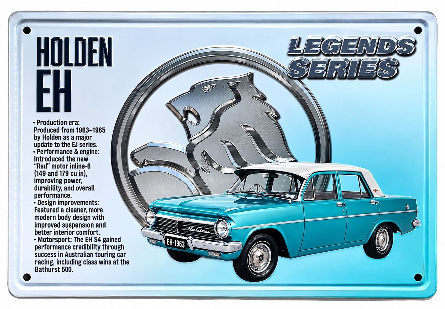 Holden EH Legends Series 30cm x 20cm Tin Sign White Holden EH Legends Series 30cm x 20cm Tin Sign White