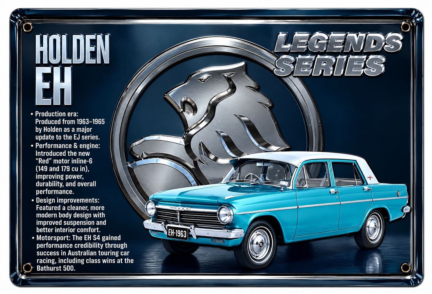 Holden EH Legends Series 30cm x 20cm Tin Sign Black Holden EH Legends Series metal sign featuring a turquoise 1963 Holden EH classic Australian sedan