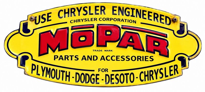 Vintage Mopar Parts and Accessories metal sign featuring Chrysler, Plymouth, Dodge and DeSoto branding
