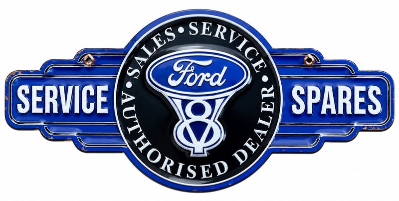 Vintage Ford V8 Service and Spares Authorised Dealer metal sign in blue, black and white
