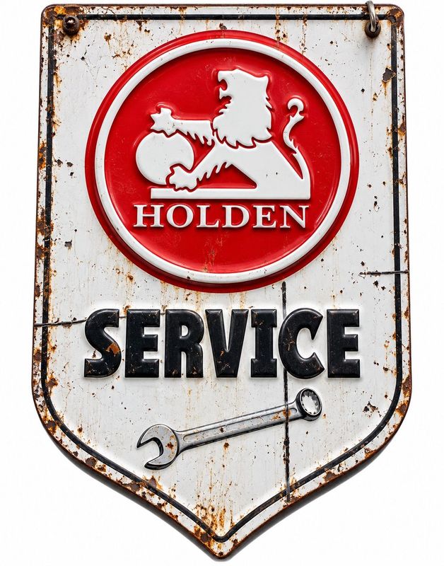 Vintage Holden Service metal sign featuring the red Holden lion emblem, bold black service lettering and mechanic spanner gra