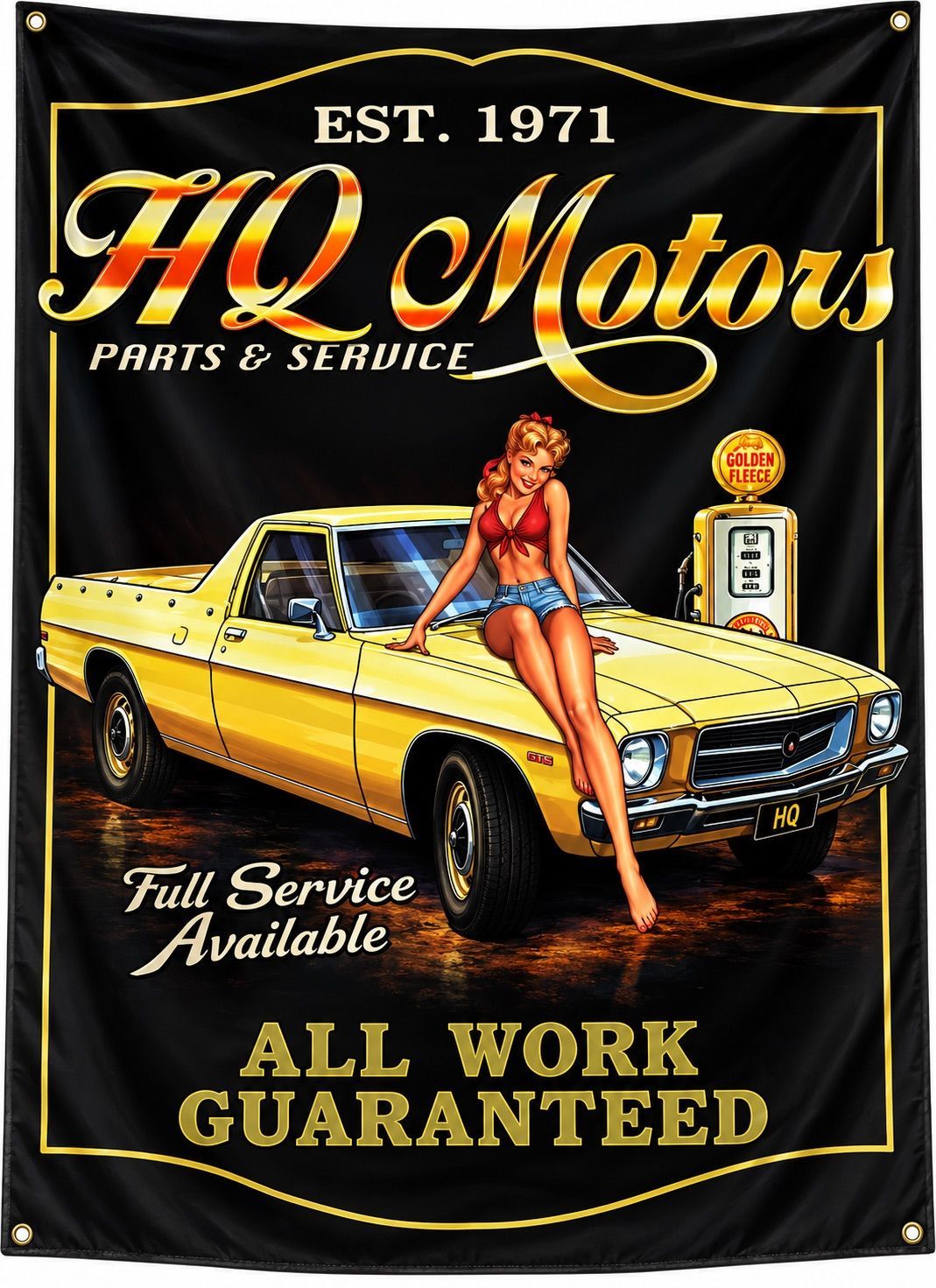 Black HQ Motors flag featuring a yellow classic Holden HQ-style ute, retro pin-up woman, vintage petrol pump and gold garage 