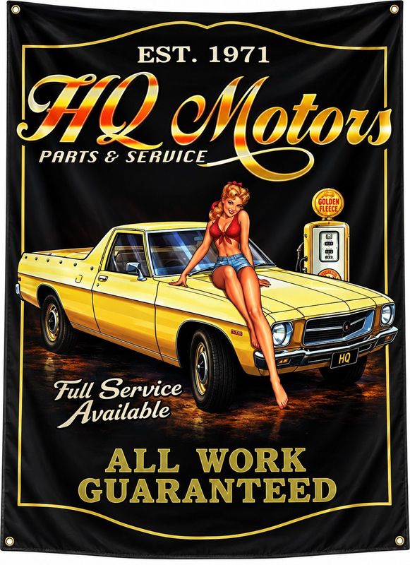 Black HQ Motors flag featuring a yellow classic Holden HQ-style ute, retro pin-up woman, vintage petrol pump and gold garage 