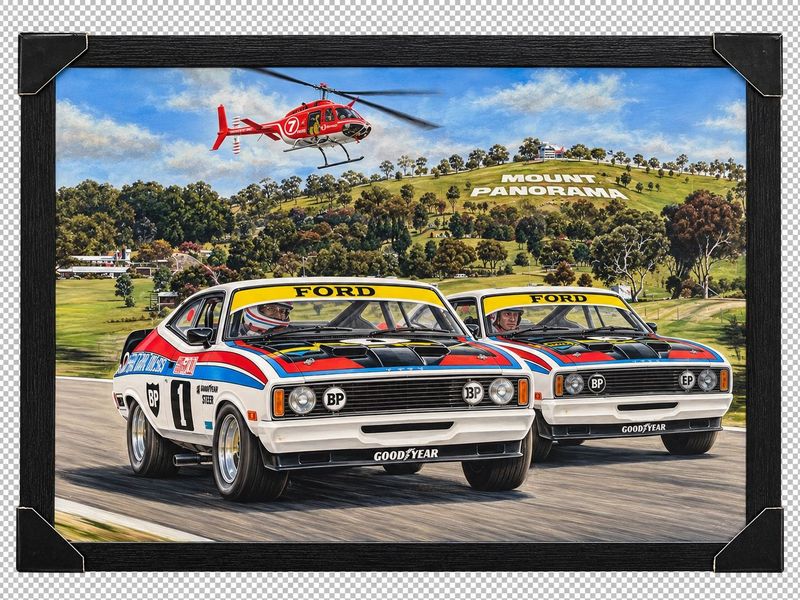 Ford Falcon Bathurst 1977 framed motorsport print by Mike Harbar featuring two classic Ford racing cars at Mount Panorama in 