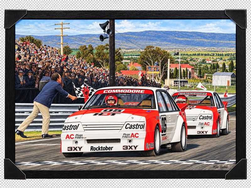 Holden VK Commodore Bathurst 1984 framed print by Mike Harbar featuring Peter Brock's No. 05 HDT race car leading the histori