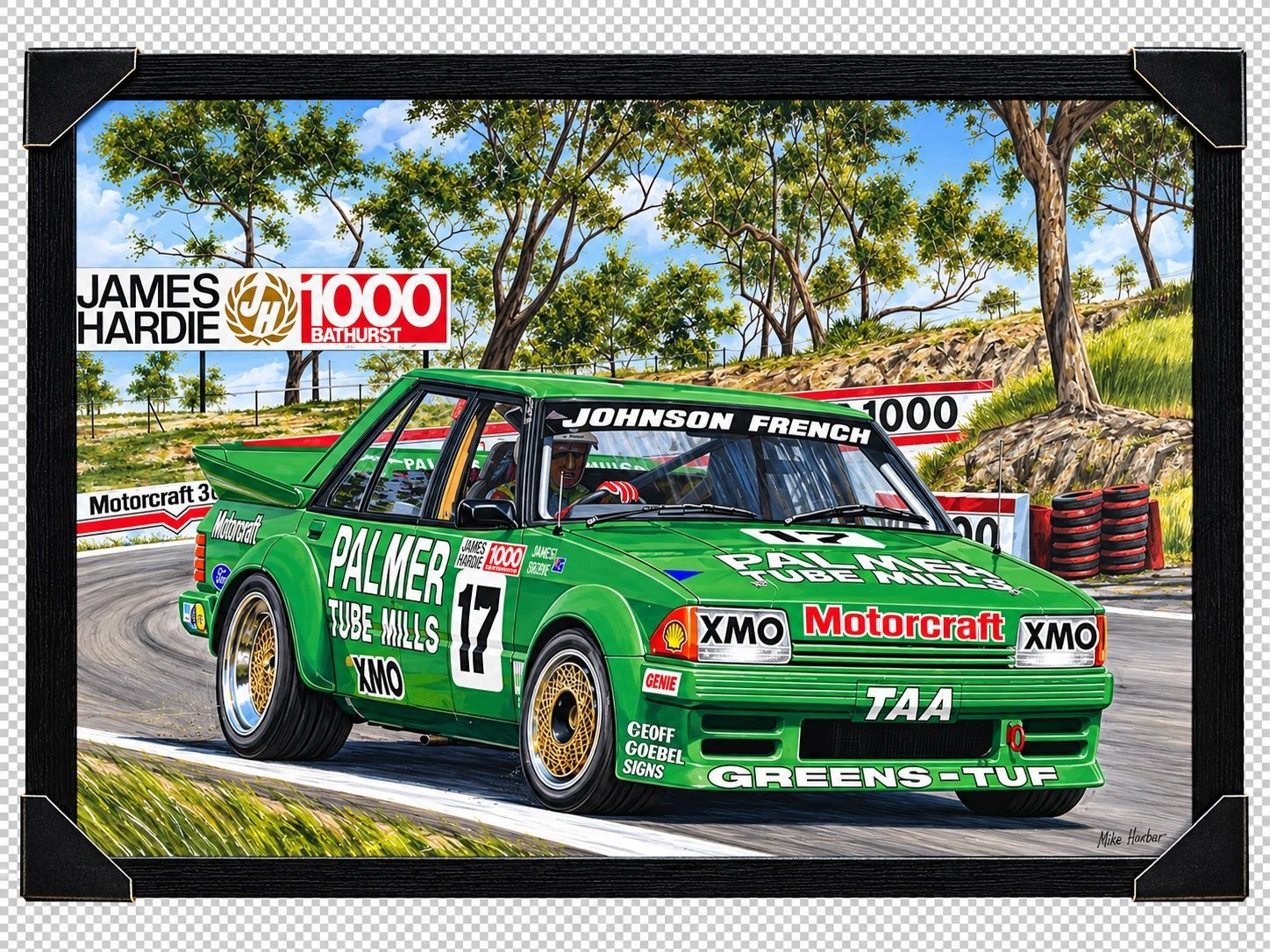Ford Greens Tuf Framed Print by Mike Harbar Dick Johnson No. 17 Ford XE Falcon Greens-Tuf framed print by Mike Harbar featuring the green Palmer Tube Mills racing car at