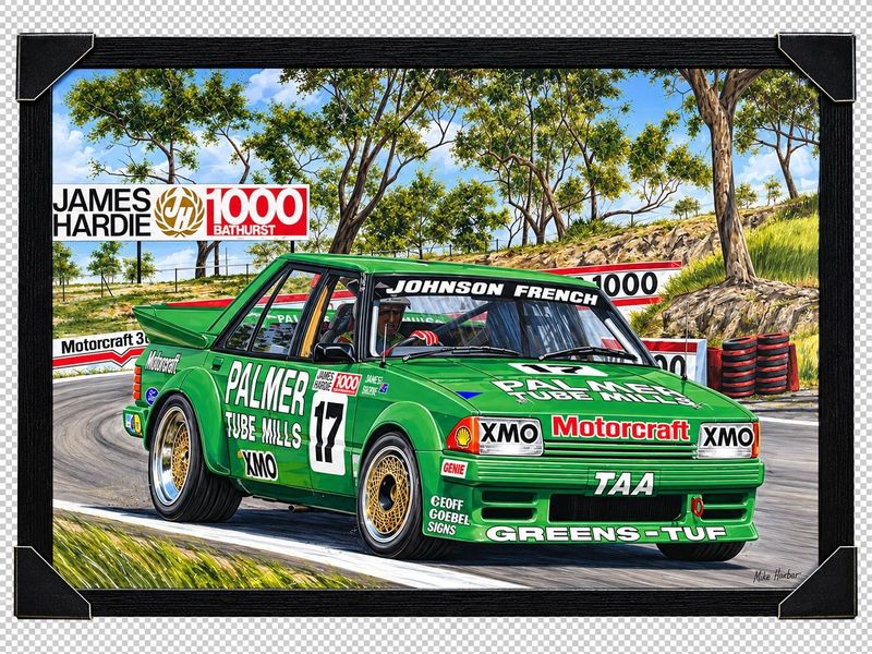 Dick Johnson No. 17 Ford XE Falcon Greens-Tuf framed print by Mike Harbar featuring the green Palmer Tube Mills racing car at