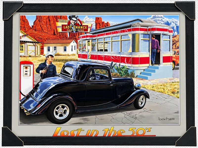 Lost in the 50's framed print by Kent Bash featuring a black classic hot rod coupe at a vintage American roadside diner and p