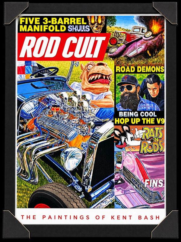 Rod Cult framed print featuring colourful hot rod and rat rod artwork by Kent Bash, with chrome engines, flaming skulls, cust