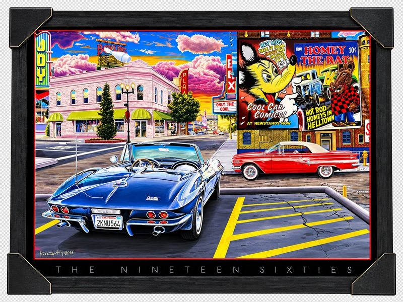The Nineteen Sixties framed print by Kent Bash featuring a blue Chevrolet Corvette Sting Ray convertible, red vintage America