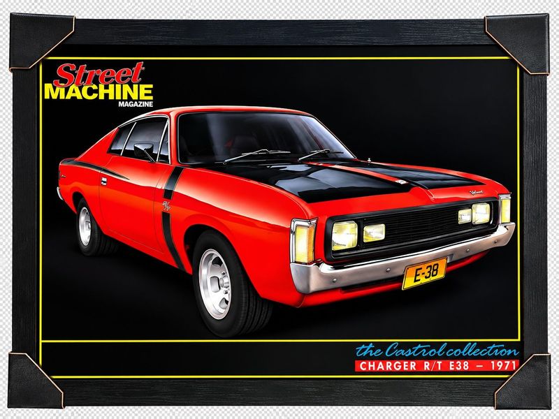 1971 Chrysler Valiant Charger R/T E38 red muscle car framed print from Street Machine Magazine's Castrol Collection, displaye