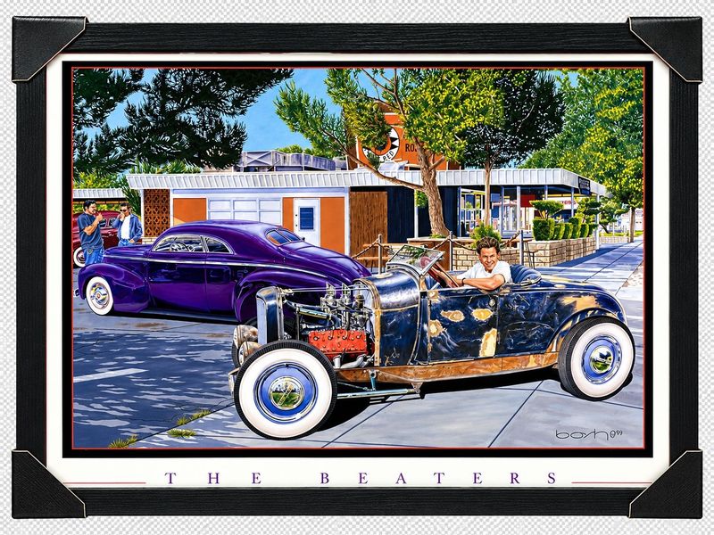 The Beaters framed hot rod artwork by Bohan featuring a vintage open-top rat rod with exposed V8 engine and purple custom cla