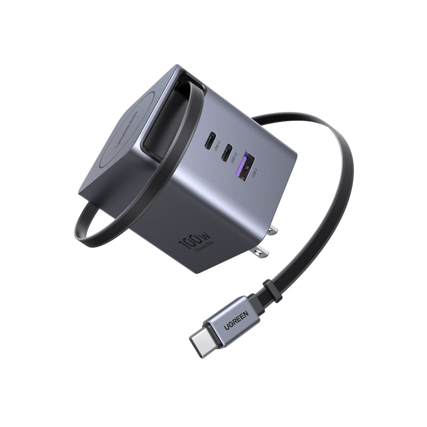 Cubo de Carga Rápida GaN 100W 2 USB-C + USB-A con Cable Retráctil – UGREEN