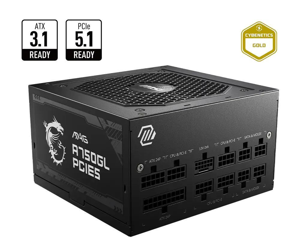​Fuente de Poder ATX 750W 80 Plus Gold PCIe 5.0 Full Modular – MSI MAG A750GL PCIE5 (Negro)