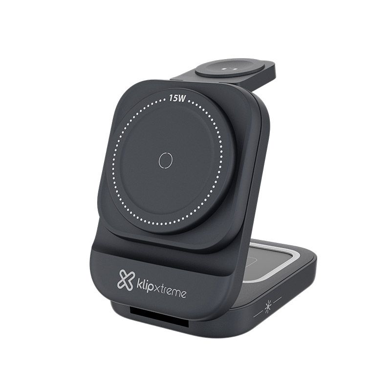 Soporte de Carga Inalámbrica Plegable 3 en 1 PowerDesk Lite 15 W Negro – Klip Xtreme