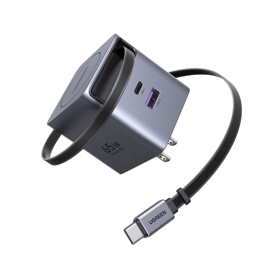 Cargador GaN Nexode 65W de 3 Puertos con Cable USB-C Retráctil – UGREEN